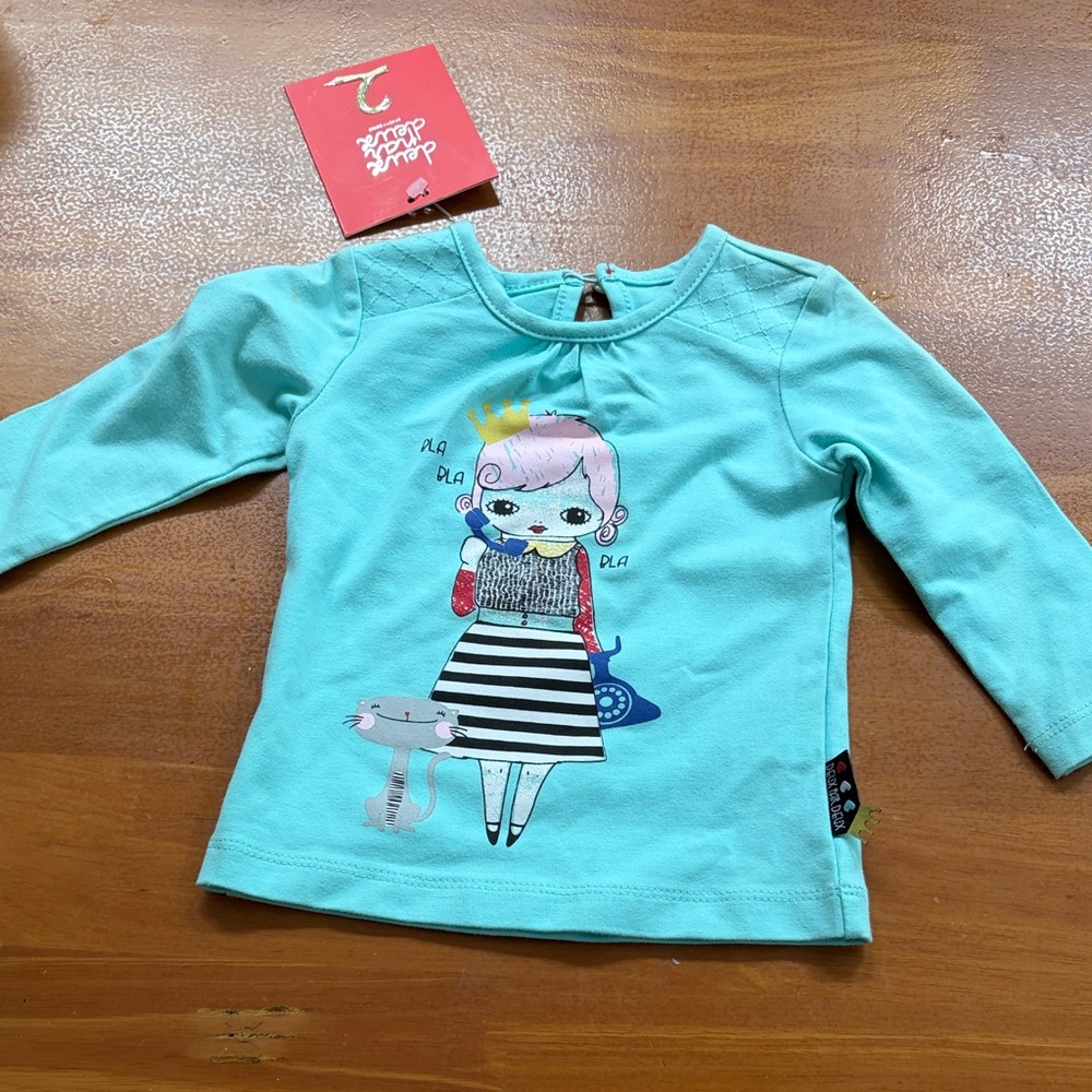 Deux par Deux Turquoise Long Sleeve Tee with Fun Graphic